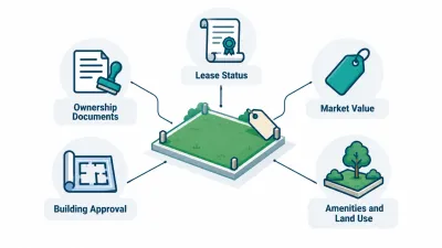 Simple illustration of a plot with a tag linked to icons for a title document, a lease, a price tag, a building plan and a park plot.