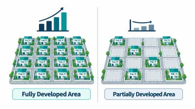 Simple split illustration of a fully built grid of houses beside a partly built grid with empty plots.