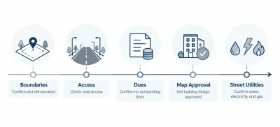 Margalla Enclave construction readiness checklist infographic showing five essential checks: plot boundaries, road access, outstanding dues, building map approval, and street utilities including water, electricity and gas.