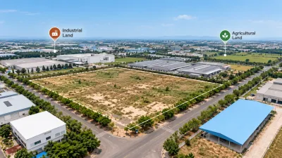 Aerial view of industrial and agricultural land for sale near Faisal Town Phase 2, with warehouses, open plots, and surrounding roads.