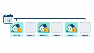 Simple illustration of six month tiles in a row, with three highlighted by a house and coin icon to show roughly three sales needed.