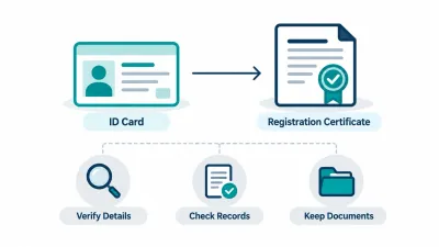 Simple illustration of an ID card leading to a stamped certificate, with icons for verification, a checked document and a records folder below.