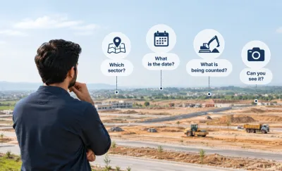 Faisal Town Phase 2 development site with roads, construction machinery and four progress verification questions.