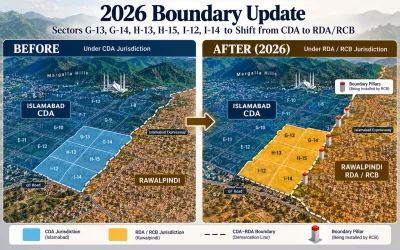 2026 boundary update map showing G-13, G-14, H-13, H-15, I-12 and I-14 shifting from CDA jurisdiction to RDA/RCB jurisdiction, with the new demarcation line and boundary pillars being installed by RCB.