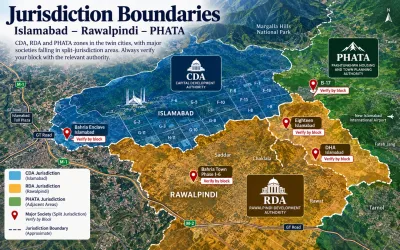 Map of Islamabad and Rawalpindi showing color-coded CDA, RDA and PHATA jurisdiction zones, with Bahria Town, Bahria Enclave, B-17, Eighteen and DHA Islamabad marked as areas requiring block-level jurisdiction verification.