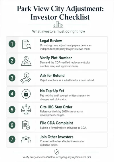 Park View City adjustment investor checklist infographic showing seven steps including legal review, CDA plot verification, cash refund request, top-up caution, IHC stay order, CDA complaint, and collective investor action.