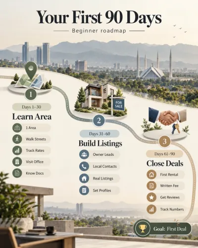 90-day roadmap for beginner property dealers in Pakistan, showing three stages: learning the market, building property listings and closing the first deal.