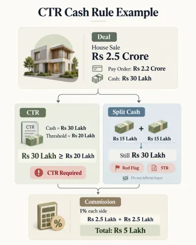 Infographic showing a cash transaction reporting example for a property deal in Pakistan, comparing a Rs 30 lakh cash payment with the Rs 20 lakh CTR threshold, split cash red flags and total commission.
