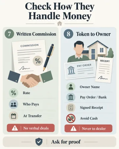 Infographic showing safe payment practices in Pakistan property deals, including written commission agreements, token payments to owners, bank transfers and signed receipts.