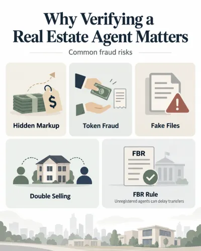 Infographic showing why verifying a real estate agent matters in Pakistan, highlighting hidden markups, token fraud, fake files, double selling and FBR registration risks.