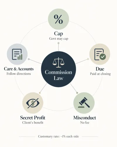 Infographic explaining five property dealer commission laws in Pakistan, covering commission caps, payment upon deal completion, misconduct, secret profits and agents' legal duties.