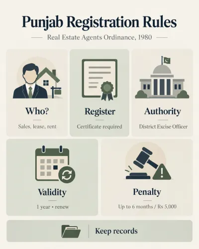 Infographic summarising Punjab real estate agent registration rules under the 1980 ordinance, including who must register, certificate requirement, District Excise Officer, one-year validity, record keeping and penalties.
