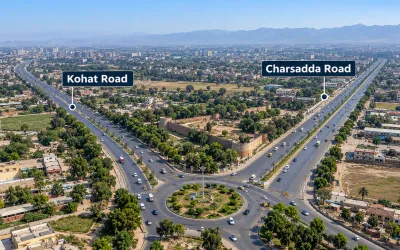 High-angle aerial view of a major traffic roundabout connecting Kohat Road and Charsadda Road in Peshawar, with Bala Hissar Fort visible in the background.
