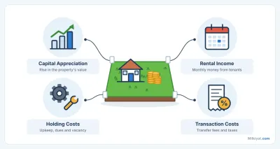 Investment return chaar cheezon se banta hai: qeemat mein izafa, kiraya, holding costs aur transaction costs.