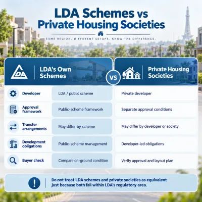 Infographic comparing LDA's own housing schemes with private housing societies in Lahore, highlighting differences in developers, approval frameworks, transfer procedures, development obligations and buyer verification requirements.