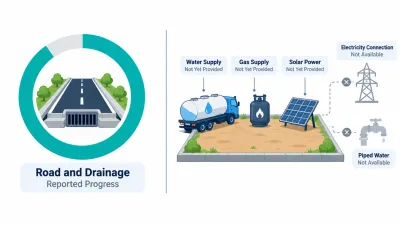 Simple split illustration of a nearly full progress ring beside a plot using a water tanker, gas cylinder and solar panel instead of grid utilities.