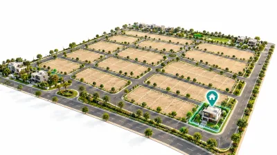 Simple illustration of a large grid of faded empty plots with a single teal plot holding a house, showing very few allottees have possession.