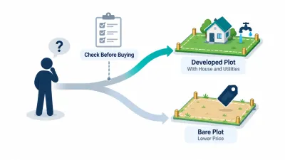 Simple illustration of a buyer at a fork with two paths leading to a plot with a house and tap and a plot with a price tag.