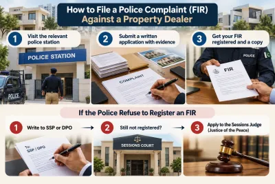 Infographic showing how to file an FIR against a property dealer in Pakistan, including visiting the police station, submitting evidence and escalating to the SSP, DPO or Sessions Judge if refused.