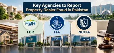 Infographic highlighting three key agencies for reporting property dealer fraud in Pakistan: FBR, FIA and NCCIA.