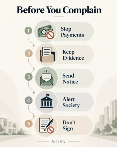 Infographic showing five steps to take before complaining against a property dealer in Pakistan: stop payments, keep evidence, send notice, alert the society and avoid signing new documents.