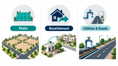 Simple illustration of three unconnected columns with icons for a plot scheme, a resettlement house and water and road upgrades.