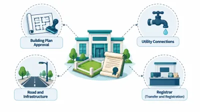 Simple illustration of an authority building holding a plot grid and lease, with separate faded icons for building plans, water, streets and registration standing outside it.