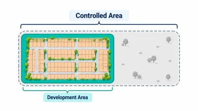 Simple illustration of a large dashed outline with a smaller solid teal area inside it showing a plot grid, covering a little over half.