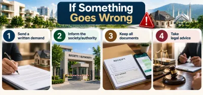 Infographic showing four steps to take when a property deal goes wrong in Pakistan: send a written demand, notify the housing society, preserve documents and seek legal advice.