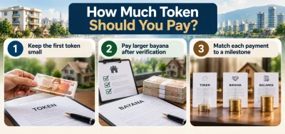 Infographic showing three safe token money payment steps in Pakistan: pay a small initial token, verify property documents before bayana and pay the balance at transfer.