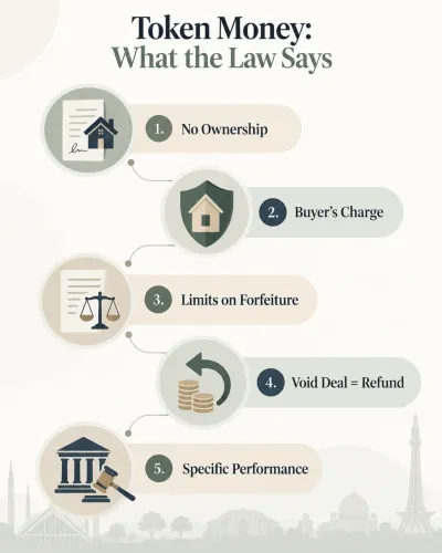 Infographic summarising five key legal principles about token money in Pakistan: no ownership, buyer’s charge, limits on forfeiture, refund in a void deal and specific performance.
