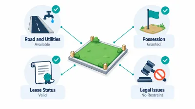 Simple illustration of a plot linked to four checked icons for infrastructure, possession, a lease and no court restraint.