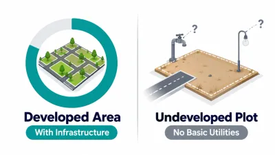 Simple split illustration of a mostly full progress ring beside an empty plot with a dry tap, unlit bulb and unfinished road marked with question marks.