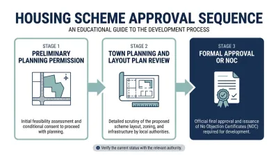 Three-stage housing scheme approval sequence infographic detailing preliminary planning, layout plan review, and formal NOC issuance.