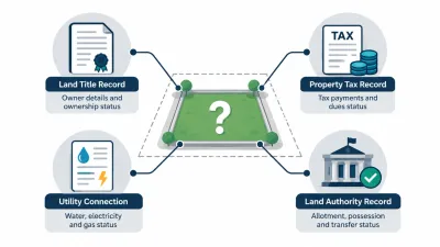 Simple illustration of a plot with a question mark linked to icons for a title document, a tax bill, a utility bill and a board office counter.