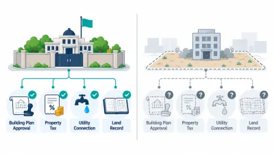 Simple split illustration of a walled compound linked to plan, tax, water and ledger icons, beside a faded city block with the same icons linked elsewhere.
