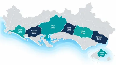 Simple abstract city outline with six teal and navy patches forming a belt across the centre, one patch much larger and one tiny on an island.