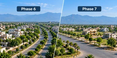 Side-by-side aerial comparison view of wide boulevard roads, modern houses, and green foliage in Hayatabad Phase 6 and Phase 7, Peshawar.