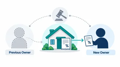 Simple illustration of a house with a tax receipt on its door, passing from a fading previous owner to a new owner.