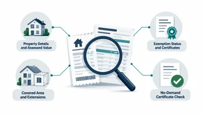Simple illustration of a magnifying glass over a tax receipt, linked to icons for a property number, an extension, an exemption certificate and a no-demand certificate.