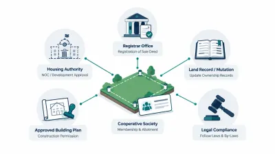 Simple illustration of a plot with a membership card linked to icons for a registrar office, a housing authority, a land ledger, a building plan and a gavel.