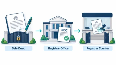 Simple three-stage illustration of a sale deed blocked by a locked gate, a registrar issuing an NOC and the deed passing through an open gate.