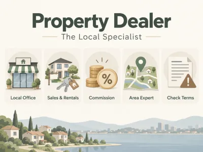 Infographic highlighting five key aspects of a property dealer in Pakistan: local office, property sales and rentals, commission, area expertise and written terms.