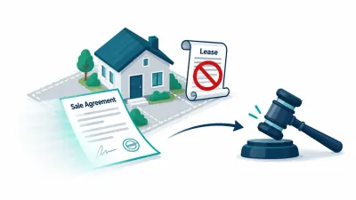 Simple illustration of a faded house with a fading sale agreement, a gavel pointing at it and a crossed-out lease scroll.