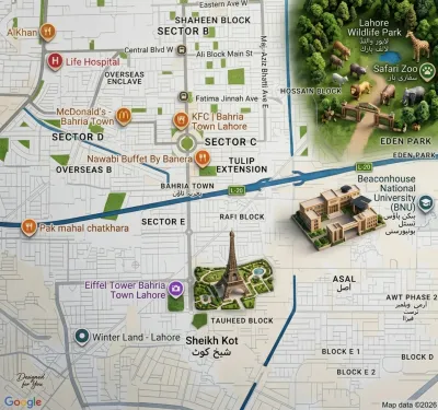 Location of Rafi Block in Sector E, Bahria Town Lahore, showing nearby residential areas and access to major roads.