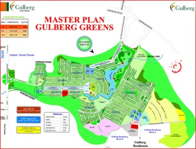 Gulberg Greens Islamabad master plan showing farmhouse blocks, plot layouts, internal roads and planned development areas.