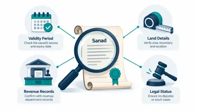 Simple illustration of a magnifying glass over a sanad linked to icons for a date check, a measurement, an office counter and a gavel.