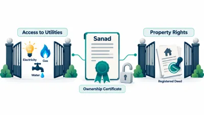 Simple illustration of a sealed certificate opening two gates, one to electricity, gas and water and the other to a stamped deed.