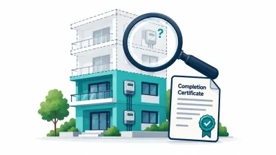 Simple illustration of a building with a meter, unapproved dashed upper floors with a questioned meter, and a magnifying glass beside a certificate.