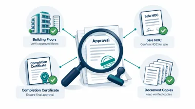 Simple illustration of a magnifying glass over an approval document, linked to icons for floor count, sale NOC, completion certificate and copied documents.
